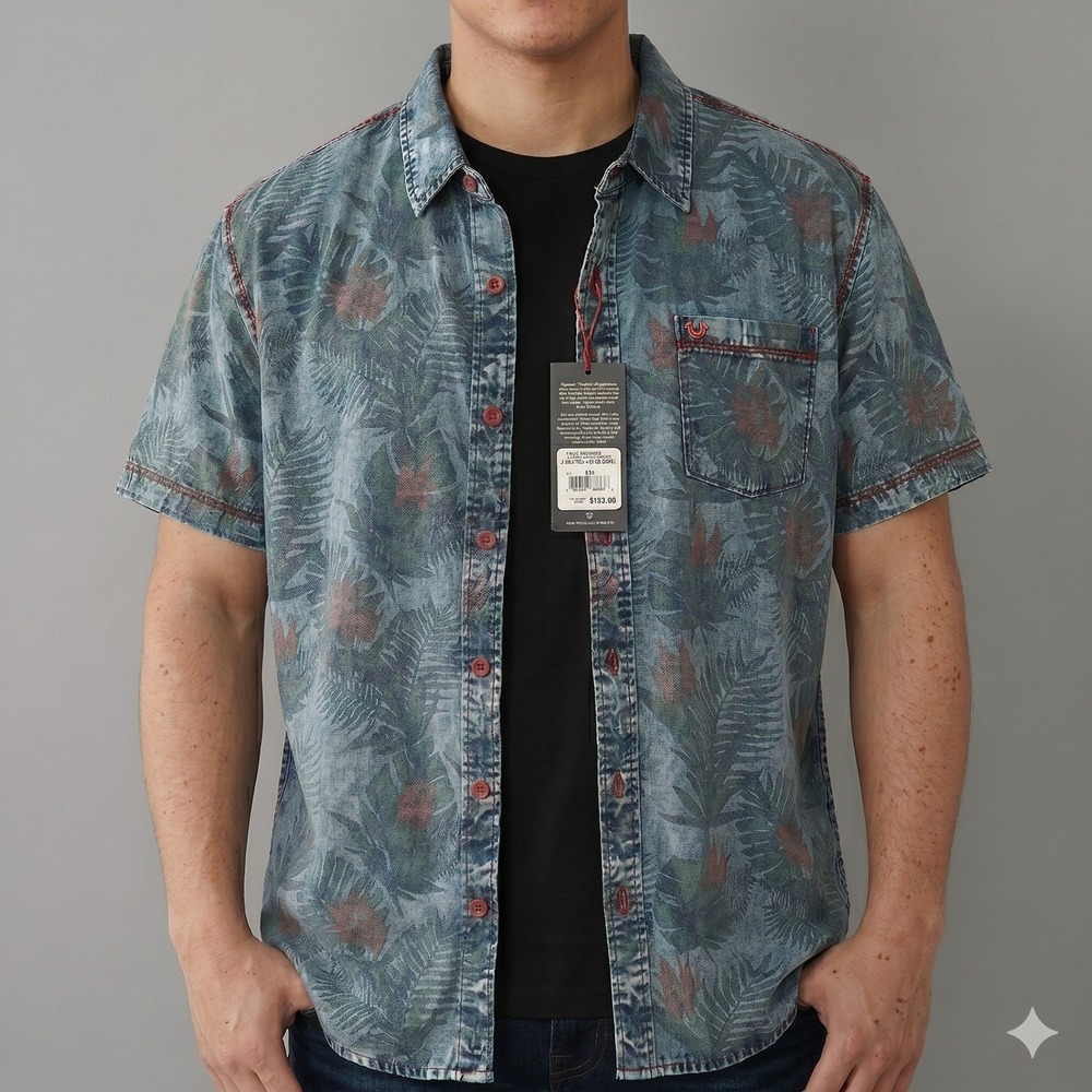 True Religion MSJAF6BC1 Printed Floral Shirt Men XXL Blue NWT